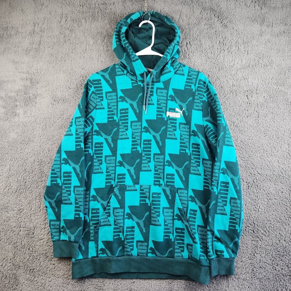 Puma Hoodie Men's Large Blue Allover Graphic Logo Pullover Fleece Sweatshirt